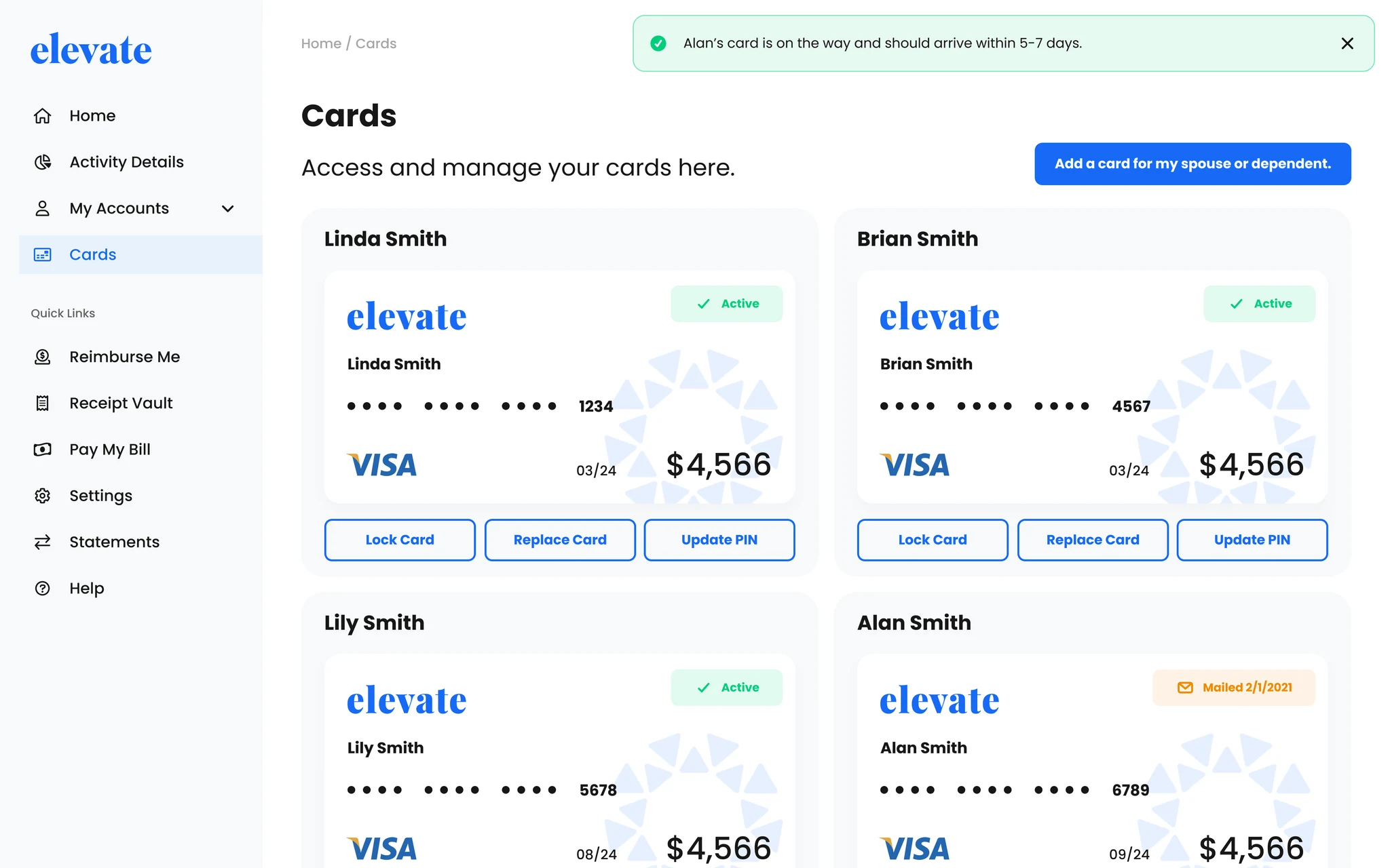 Cards screen