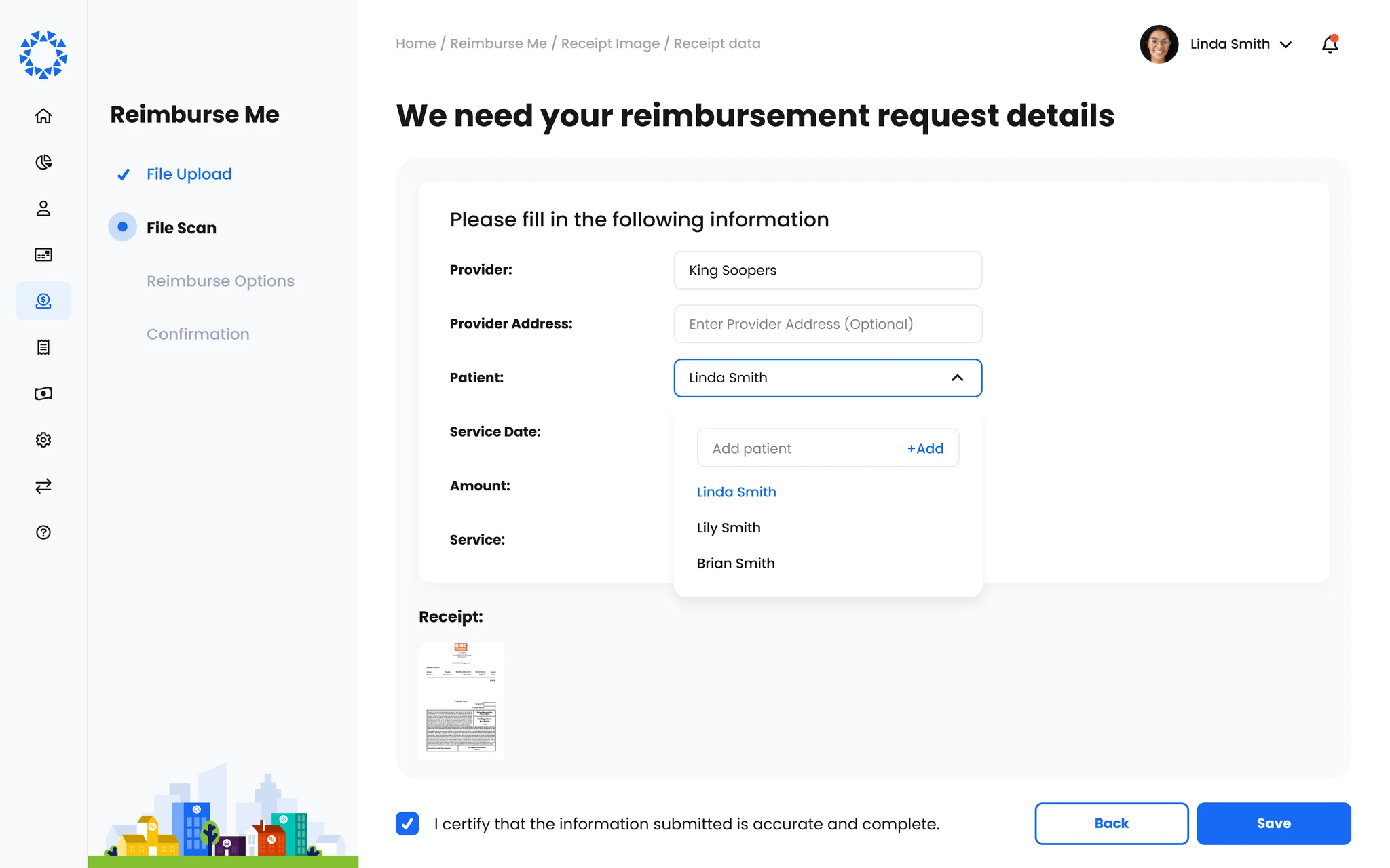 Reimbursements and bill pay screen