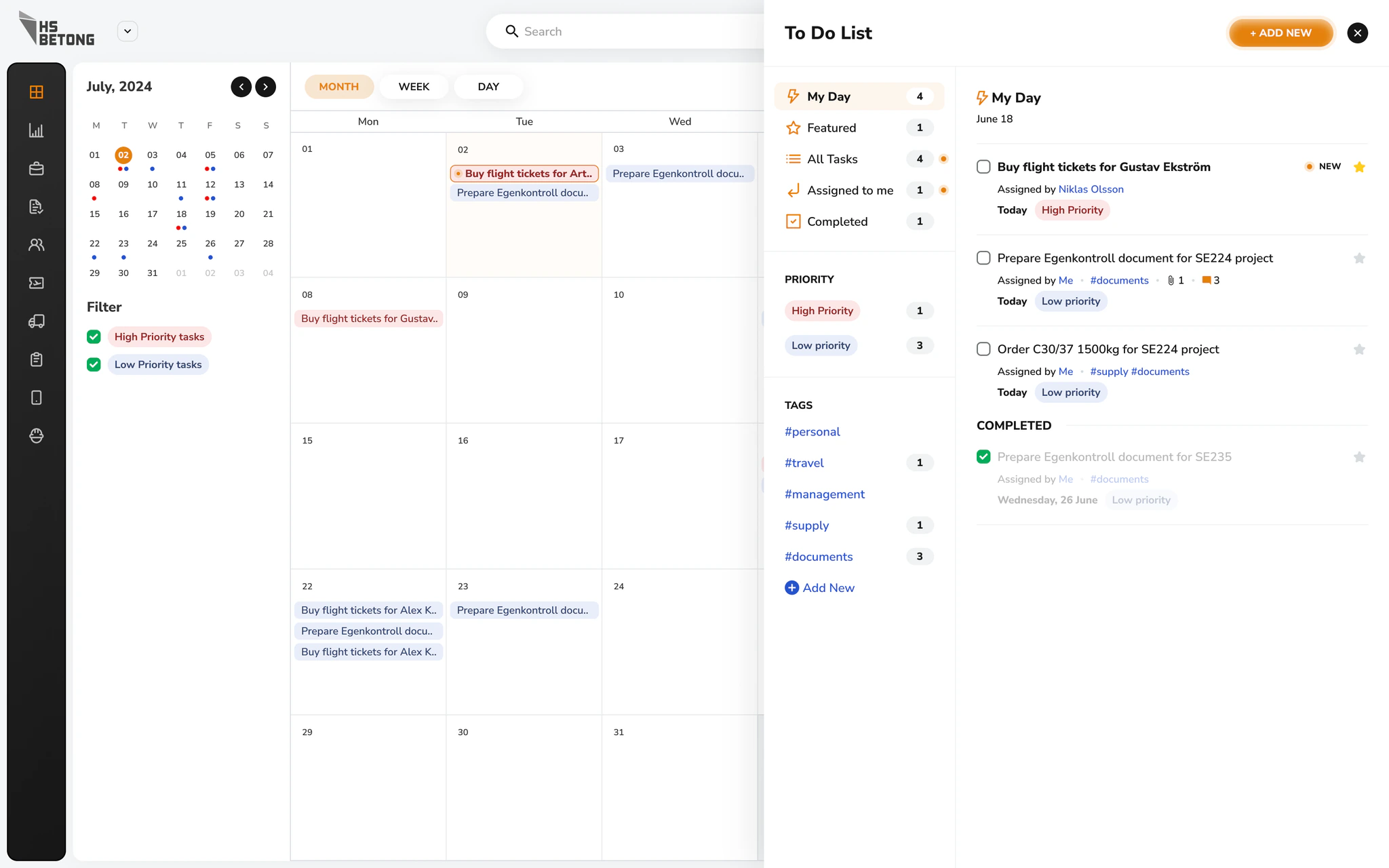 Calendar and To-Do screen