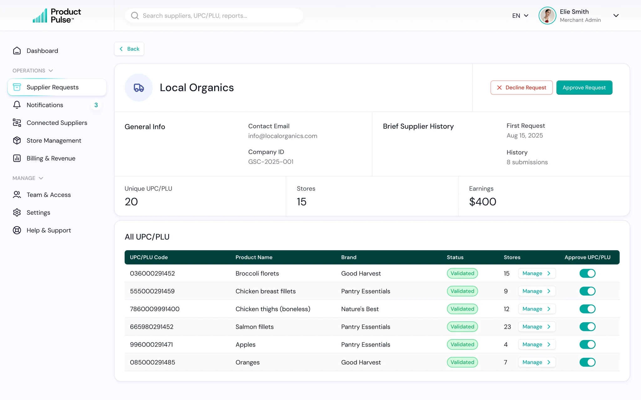 Supplier Requests screen