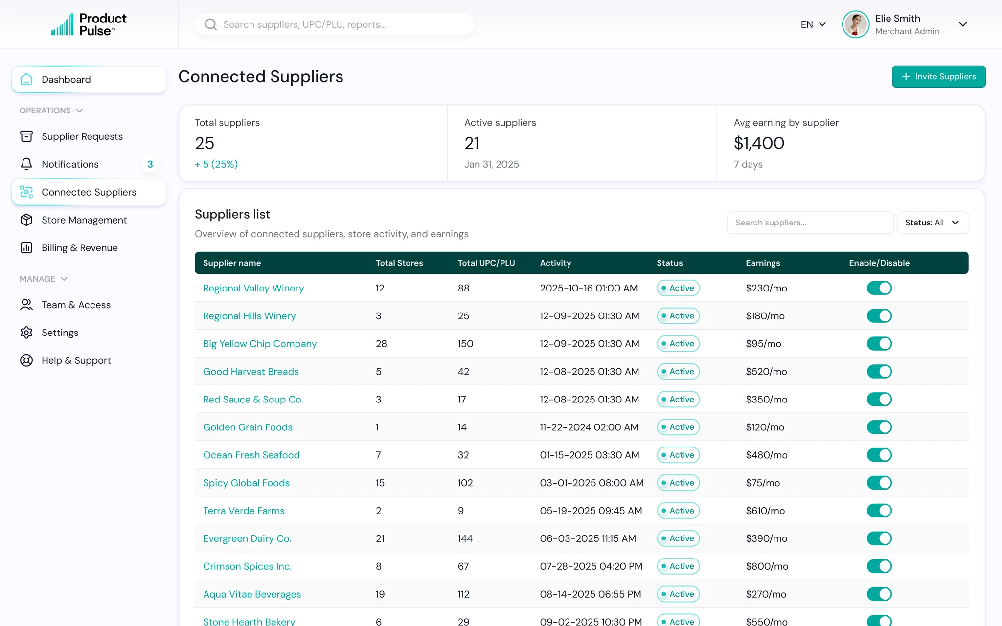 Supplier and Store Management screen