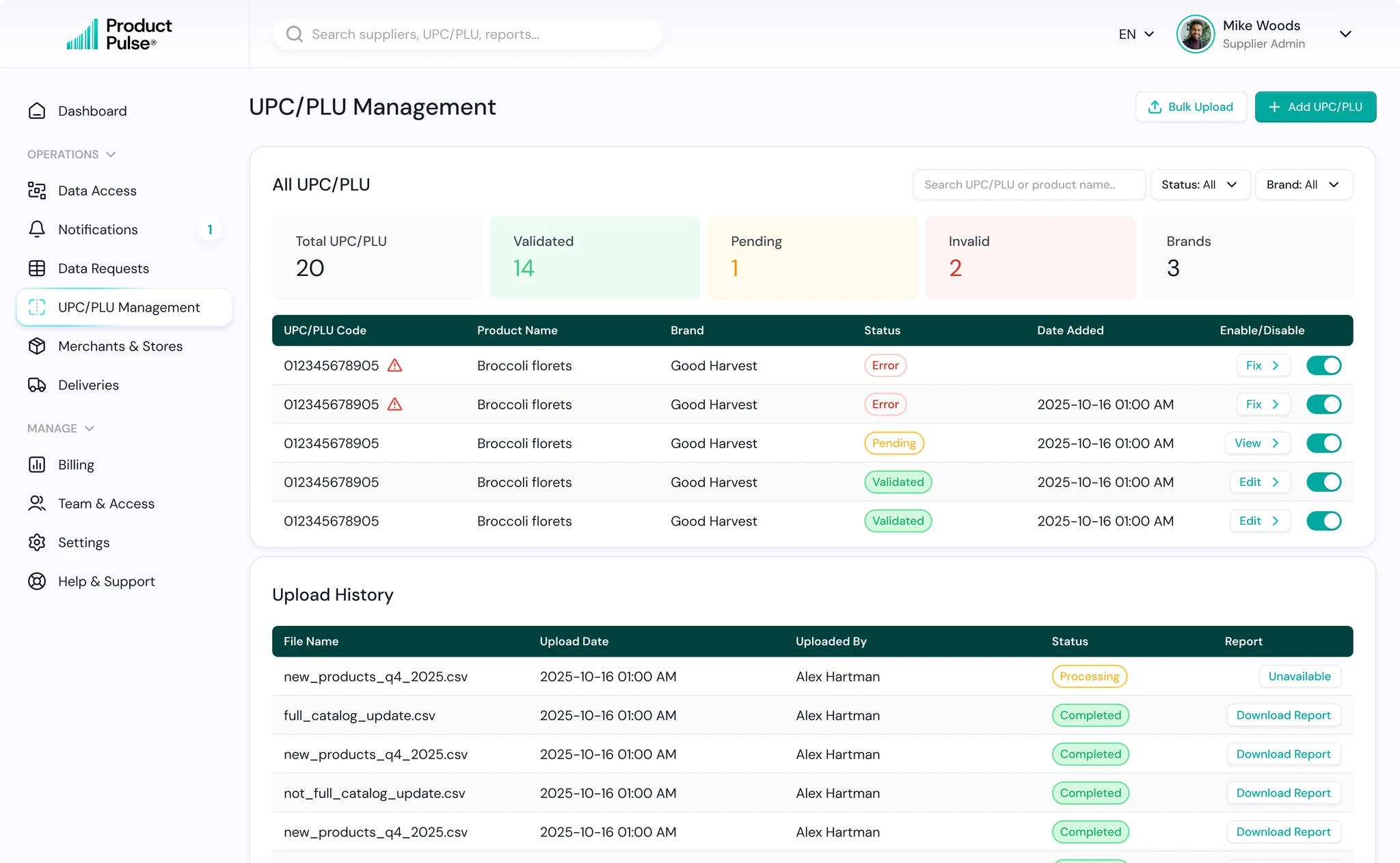 UPC/PLU Management screen
