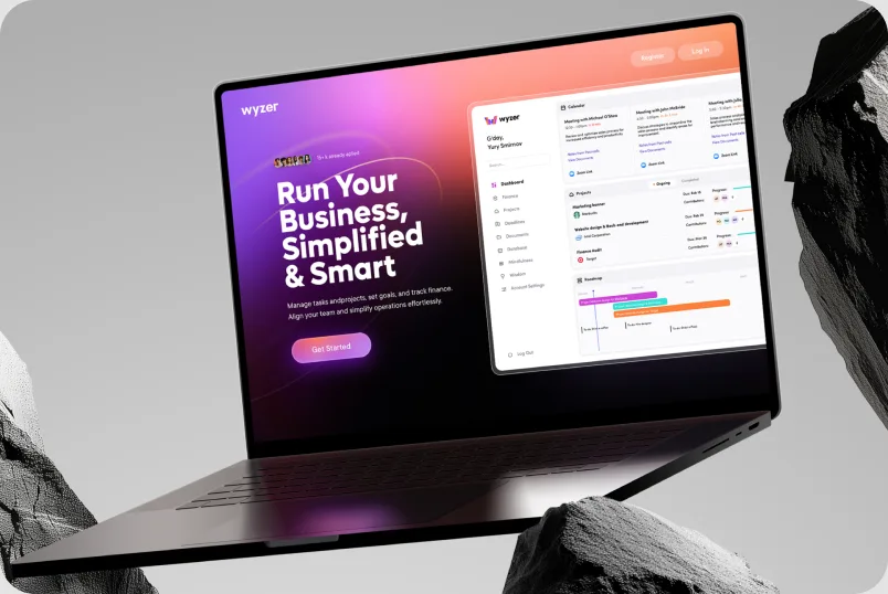 Purple fintech landing page on a laptop
